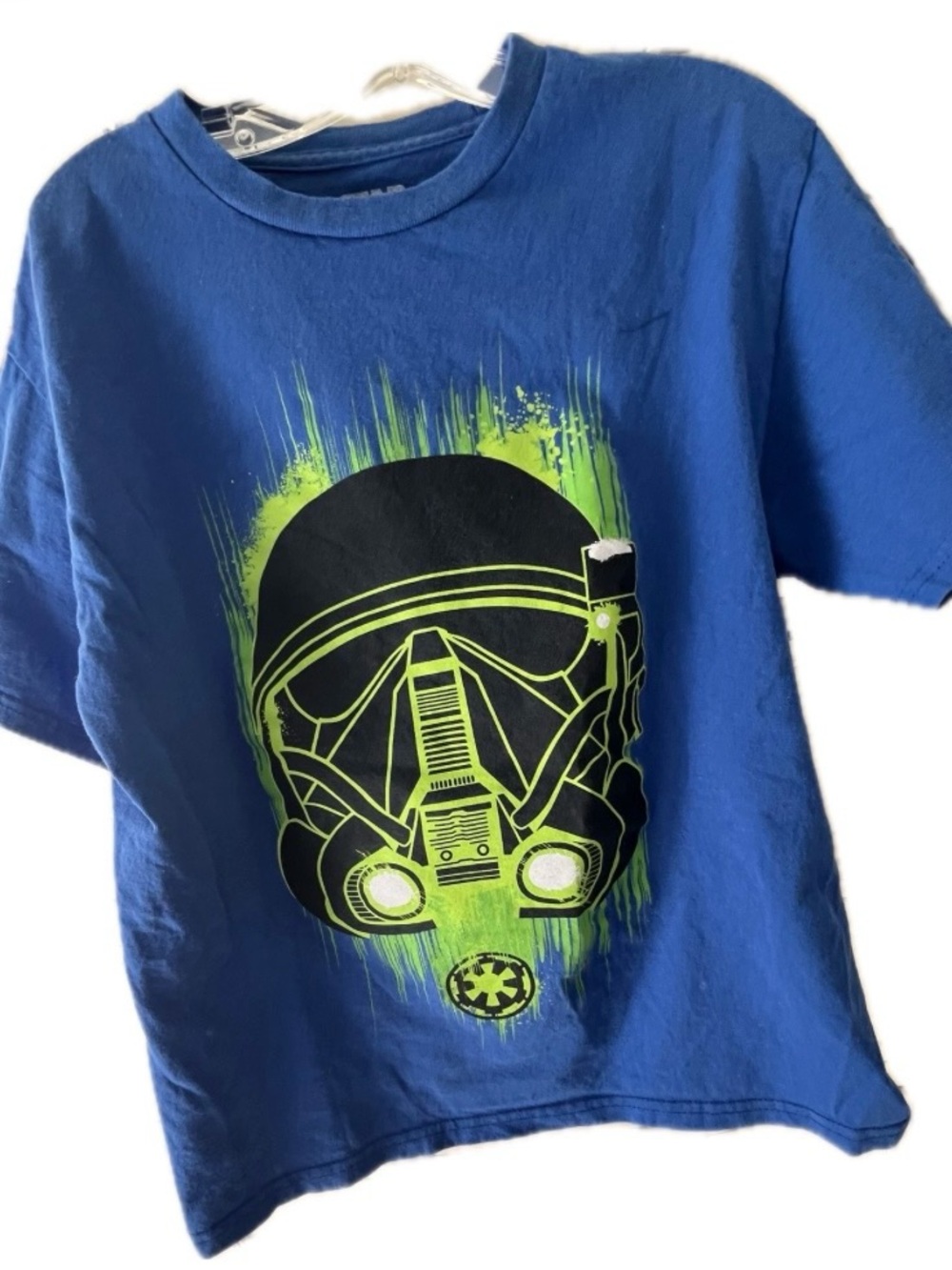Blue Graphic Tee with Neon Green & Black Stormtrooper Design